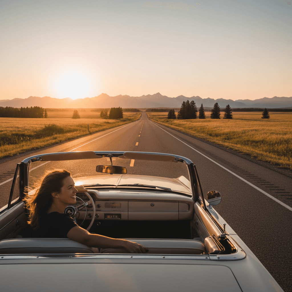Person driving a car on an open highway at golden hour