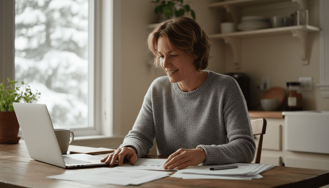 Person at a kitchen table feeling relieved while reviewing financing paperwork