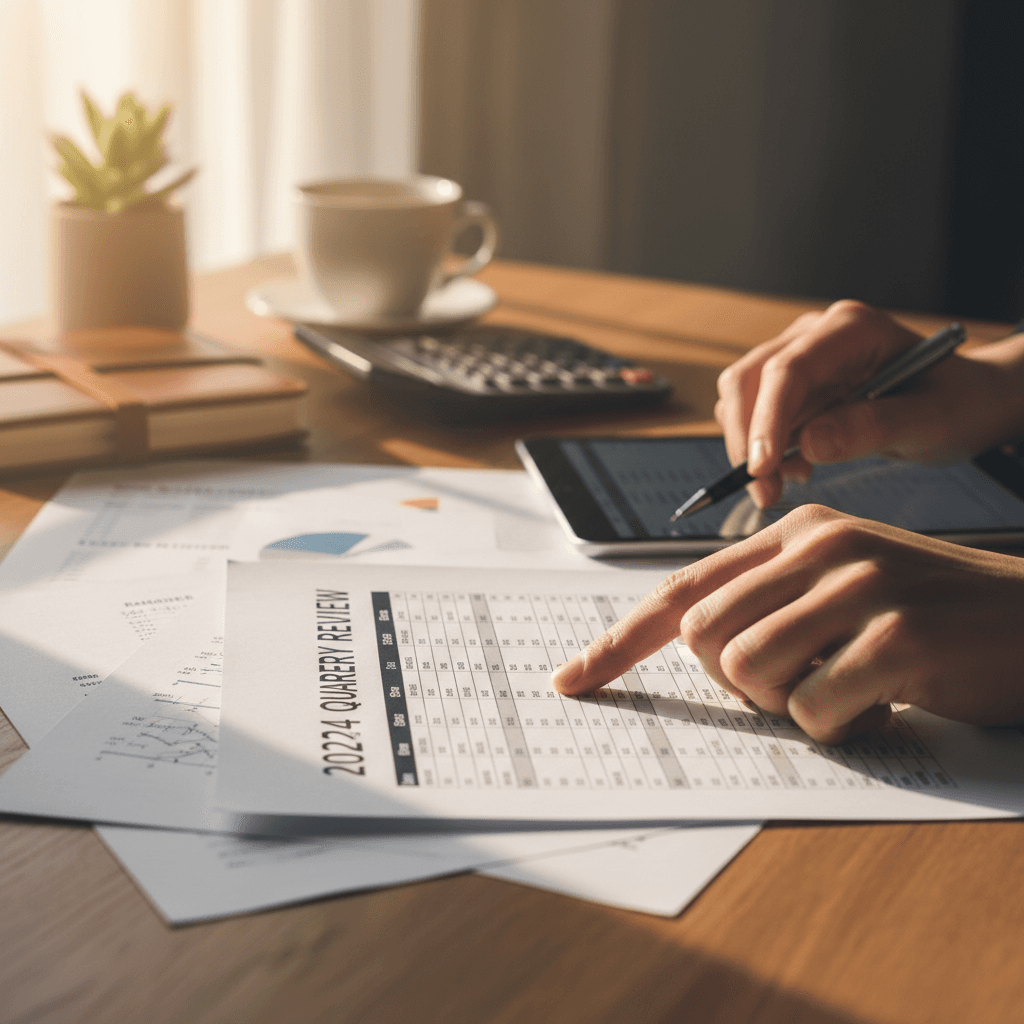 Hands reviewing financial documents on a desk in warm light