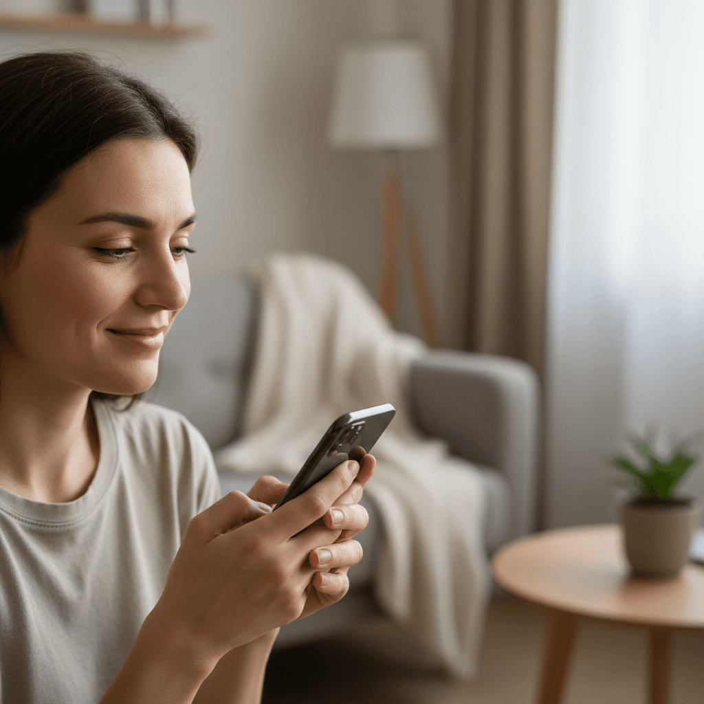 Relieved person holding a phone in soft light