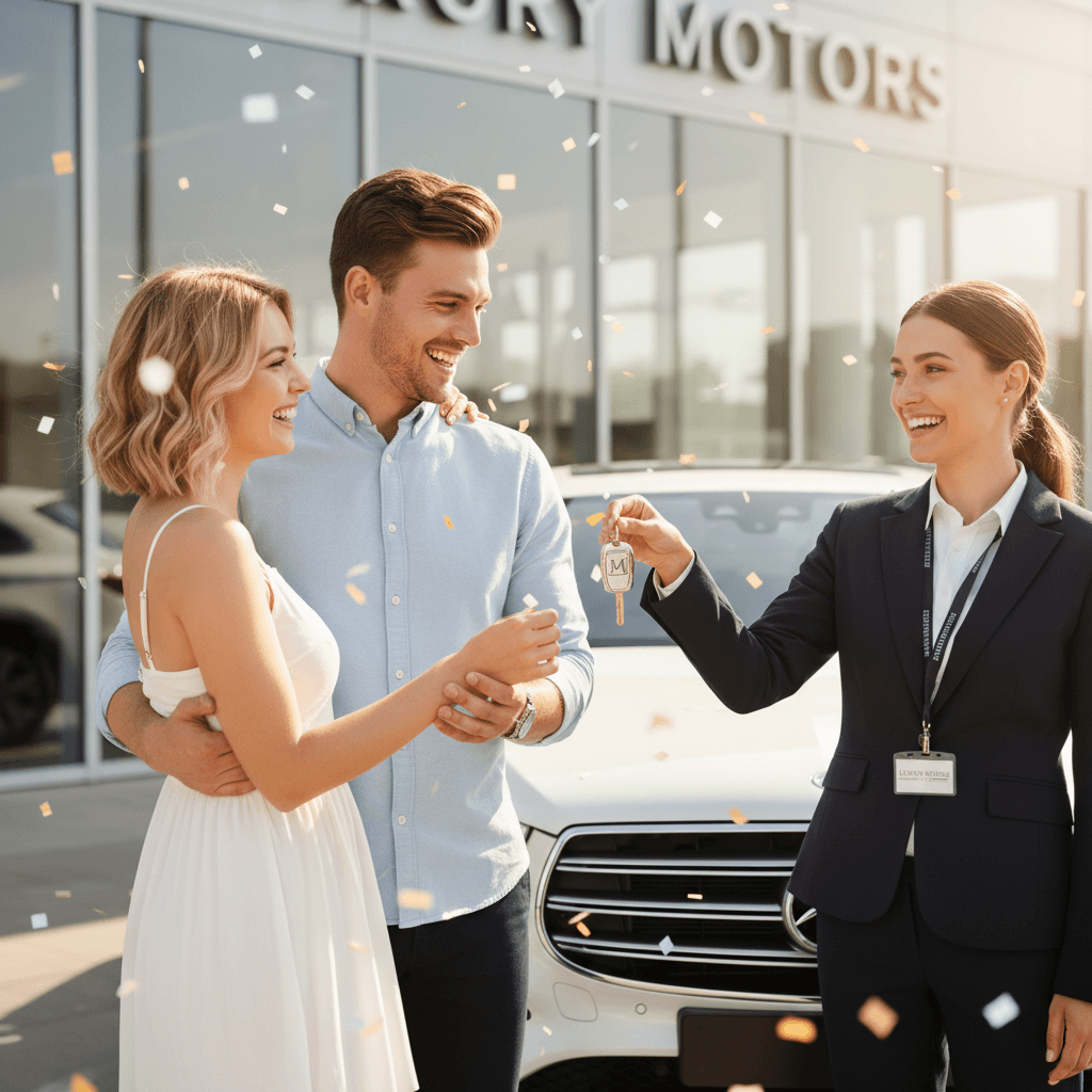Happy couple receiving car keys from a dealership representative