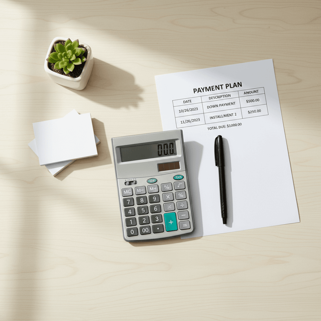 Calculator and payment plan worksheet on a clean desk
