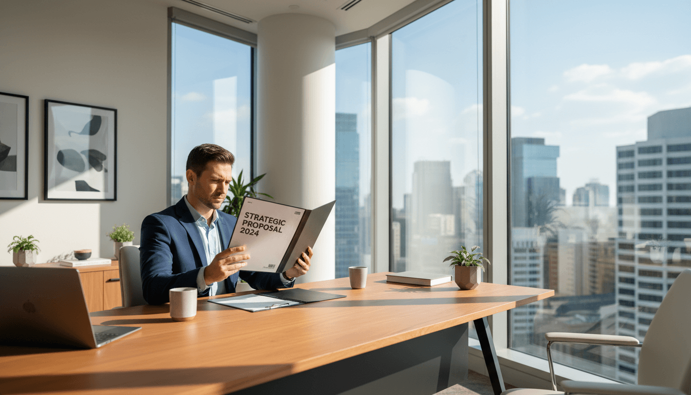 Credit specialist reviewing client documents at office desk