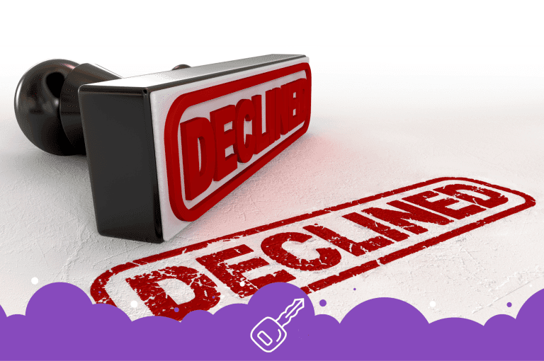 Red rubber stamp and its weathered impression both reading DECLINED on a white textured background.